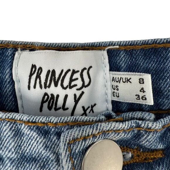 Princess Polly Jeans Size 4 Straight Leg Raw Hem Button Fly High Rise Blue Denim - Picture 4 of 8